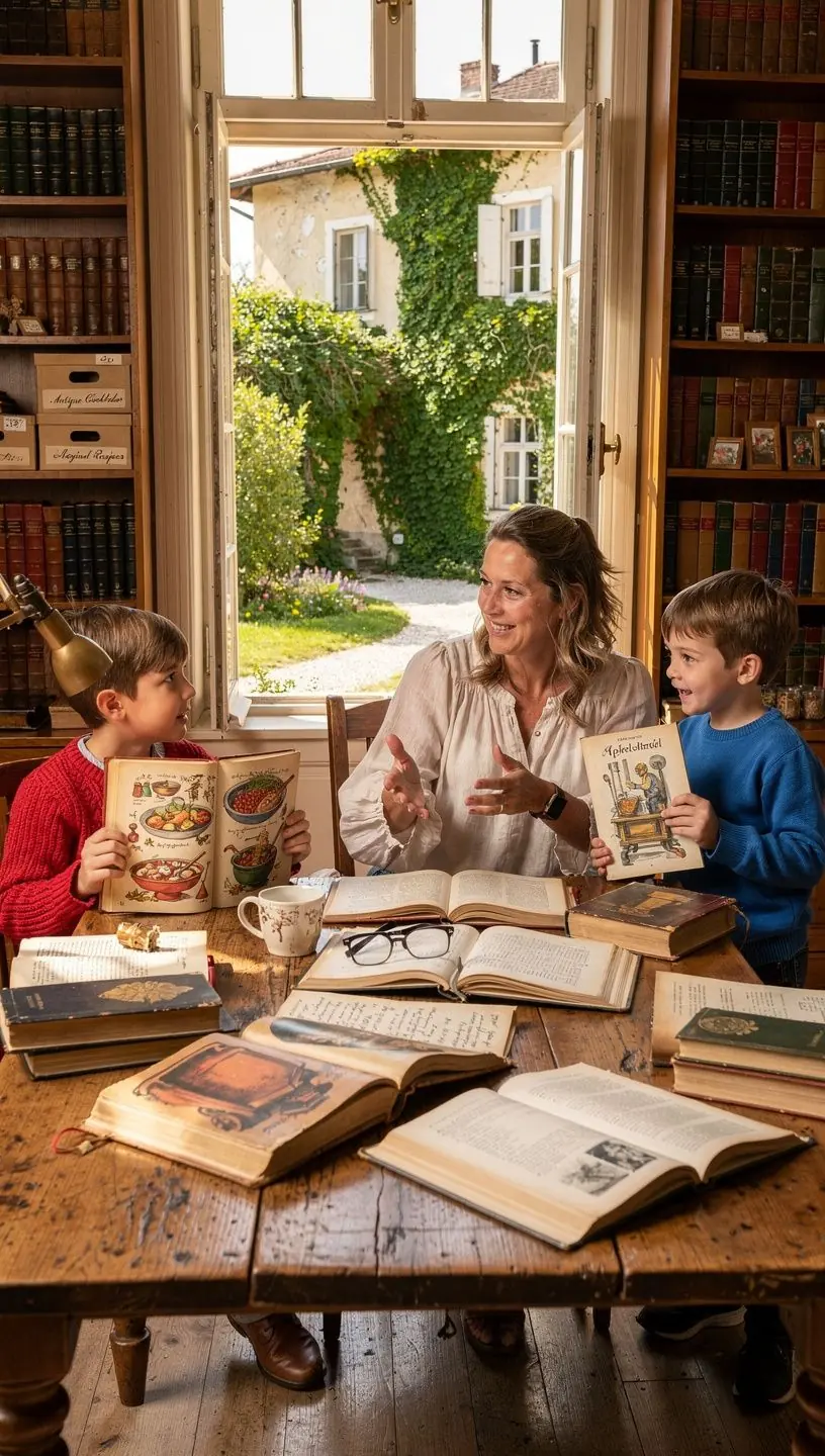 Antiquarisches Buch mit verzierten Einband und goldenen Buchstaben, das auf einem alten Holztisch präsentiert wird.