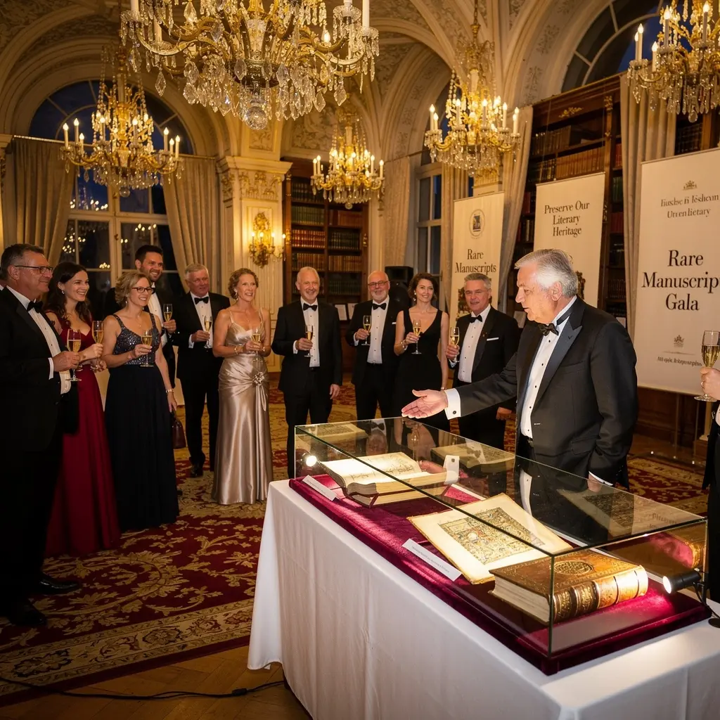 Ein antikes Buch mit einer aufwendigen Ledereinband und goldenen Verzierungen, das auf einem Holzregal liegt.